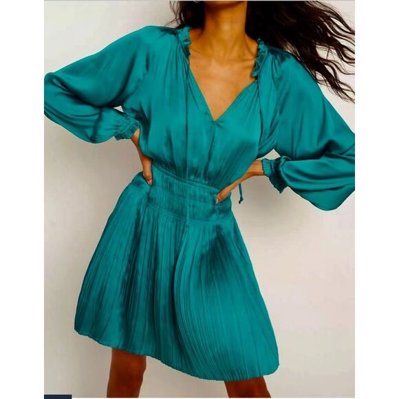 Anthropologie Current Air $138 Alyce Mini Dress Turquoise Blue Green Ruched XSP - Picture 1 of 12